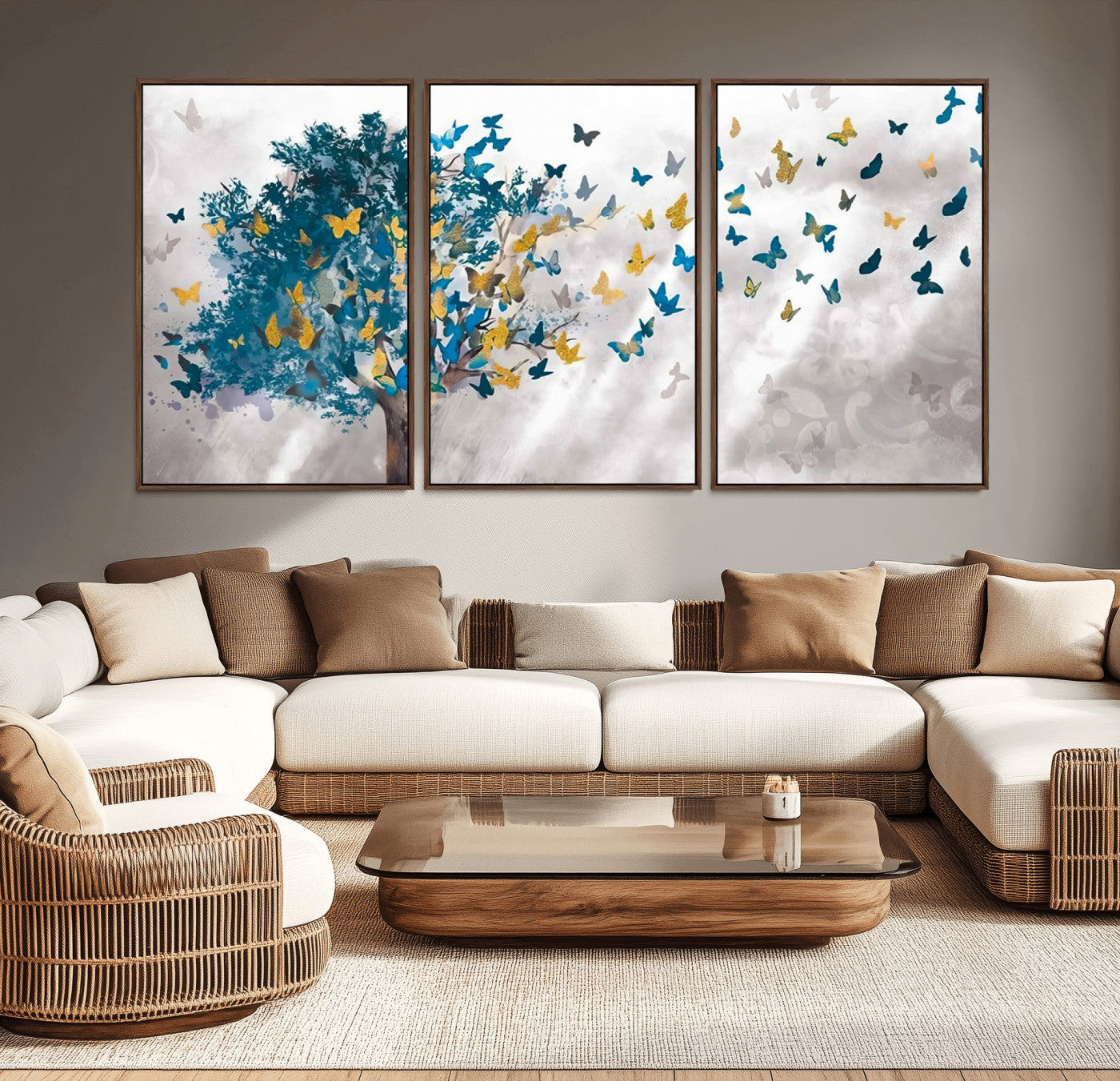 37564-MGV-CV-36X24-Butterfly Tree Wall Art – Modern Nature Canvas Print with Blue and Golden Butterflies, Elegant Decorative Painting for Living Room