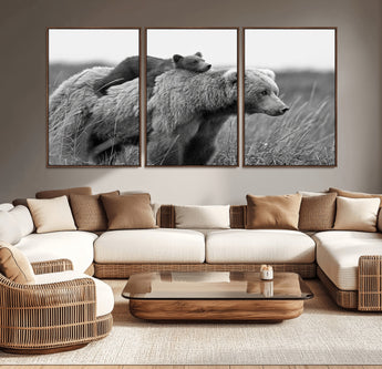 76338-MGV-CV-36X24-Mother Bear and Cub Wall Art – Black and White Wildlife Canvas Print, Rustic Nature Photography for Cabin, Living Room or Office