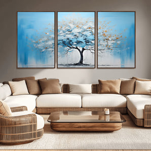 25021-MGV-CV-36X24-Abstract Tree Wall Art – Blue and White Canvas Painting with Gold Accents, Modern Nature-Inspired Artwork for Living Room, Bedroom