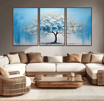 25021-MGV-CV-36X24-Abstract Tree Wall Art – Blue and White Canvas Painting with Gold Accents, Modern Nature-Inspired Artwork for Living Room, Bedroom