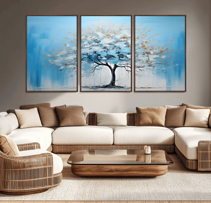 25021-MGV-CV-36X24-Abstract Tree Wall Art – Blue and White Canvas Painting with Gold Accents, Modern Nature-Inspired Artwork for Living Room, Bedroom