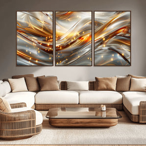 Lines1-MGV-CV-36X24-Abstract Metallic Wall Art – Silver and Gold Wave Canvas Print with Sparkling Accents, Modern Luxury Decor for Living Room, Office