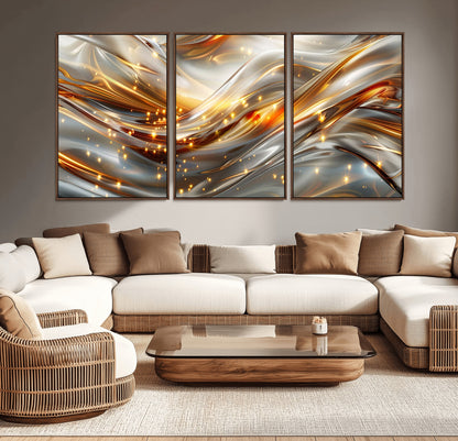 Lines1-MGV-CV-36X24-Abstract Metallic Wall Art – Silver and Gold Wave Canvas Print with Sparkling Accents, Modern Luxury Decor for Living Room, Office