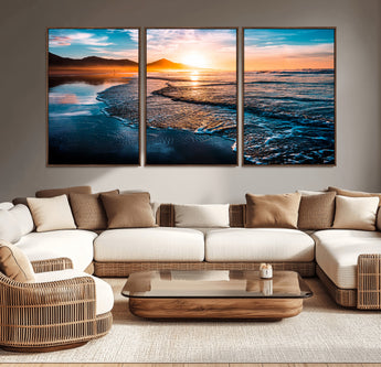 26494-MGV-CV-36X24-Ocean Sunset Wall Art – Scenic Beach Canvas Print with Waves and Mountains, Coastal Seascape Photography for Living Room, Bedroom