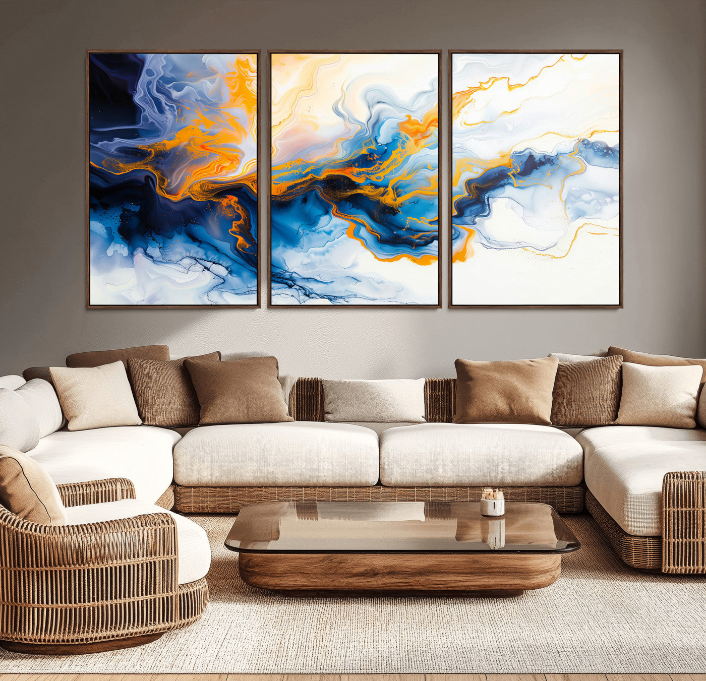 83720-MGV-CV-36X24-Abstract Fluid Wall Art – Blue, White and Gold Swirl Canvas Painting, Modern Contemporary Artwork for Living Room, Bedroom or