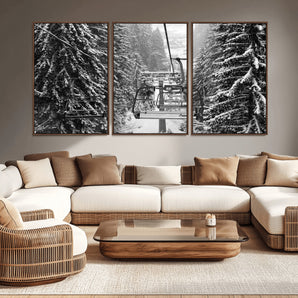 19240-MGV-CV-36X24-Ski Lift Wall Art – Black and White Winter Mountain Canvas Print, Snowy Forest Ski Resort Photography for Cabin, Lodge, Office or