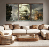 26512-MGV-CV-36X24-Naval Battle Wall Art – Dramatic Tall Ship Canvas Print, Historic Pirate Sailing War Scene, Nautical Decor for Office, Study or