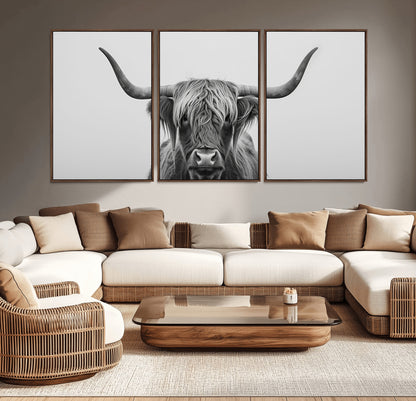 35820-MGV-CV-36X24-Minimalist Highland Cow Wall Art – Black and White Longhorn Cattle Canvas Print, Modern Farmhouse Animal Photography Decor for