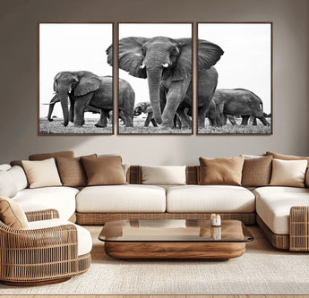 91685-MGV-CV-36X24-Elephant Herd Wall Art – Black and White Safari Canvas Print, African Wildlife Photography Decor for Living Room, Office or