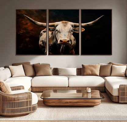 70522-MGV-CV-36X24-Longhorn Bull Wall Art – Striking Canvas Print of Majestic Bull, Premium Animal Decor for Home, Office, Man Cave, or Living Room