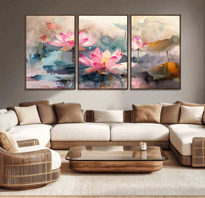 27936-MGV-CV-36X24-Lotus Pond Wall Art – Watercolor Pink Lotus Flowers Canvas Print, Tranquil Botanical Artwork for Bedroom, Living Room or