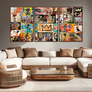 69394-MGV-CV-36X24-Basquiat Wall Art – Abstract Graffiti Collage Canvas Print, Colorful Pop Art Street Style Painting, Urban Modern Wall Decor for