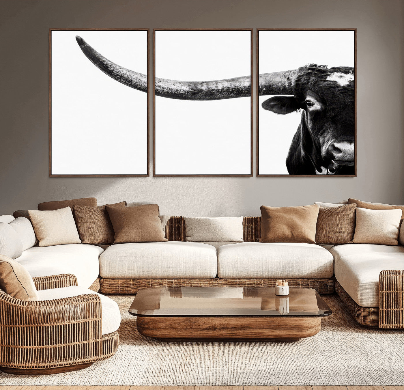 31699-MGV-CV-36X24-Longhorn Wall Art – Black and White Texas Longhorn Cow Canvas Print, Rustic Western Farmhouse Artwork for Living Room, Bedroom or