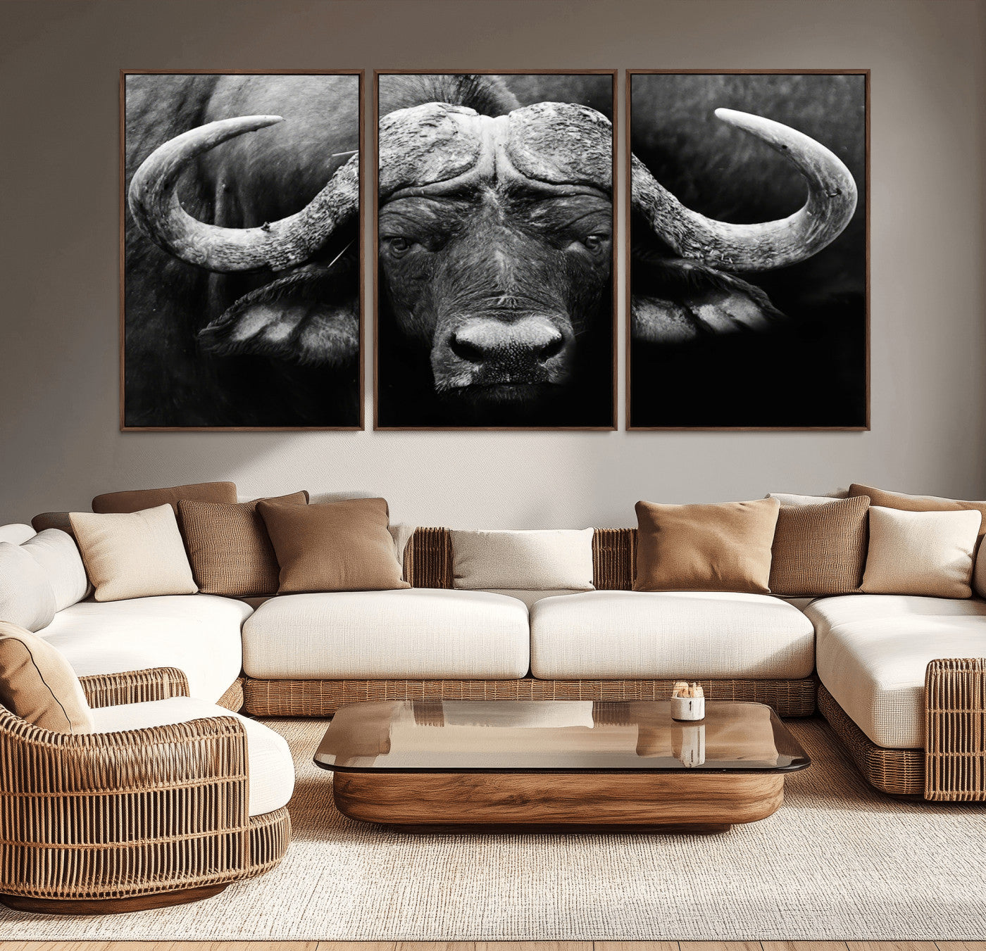 75273-MGV-CV-36X24-Buffalo Wall Art – Black and White African Buffalo Canvas Print, Rustic Wildlife Animal Artwork for Farmhouse, Living Room,