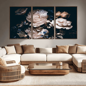 11214-MGV-CV-36X24-Dark Floral Wall Art – Moody Peony and Rose Canvas Print, Elegant Vintage Flower Artwork for Bedroom, Living Room, Office or