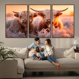68253-MGV-FC-60X30-3P_Walnut-Highland Cow Wall Art – Rustic Farmhouse Cattle Canvas Print, Frosty Sunset Animal Artwork for Living Room, Bedroom or Country