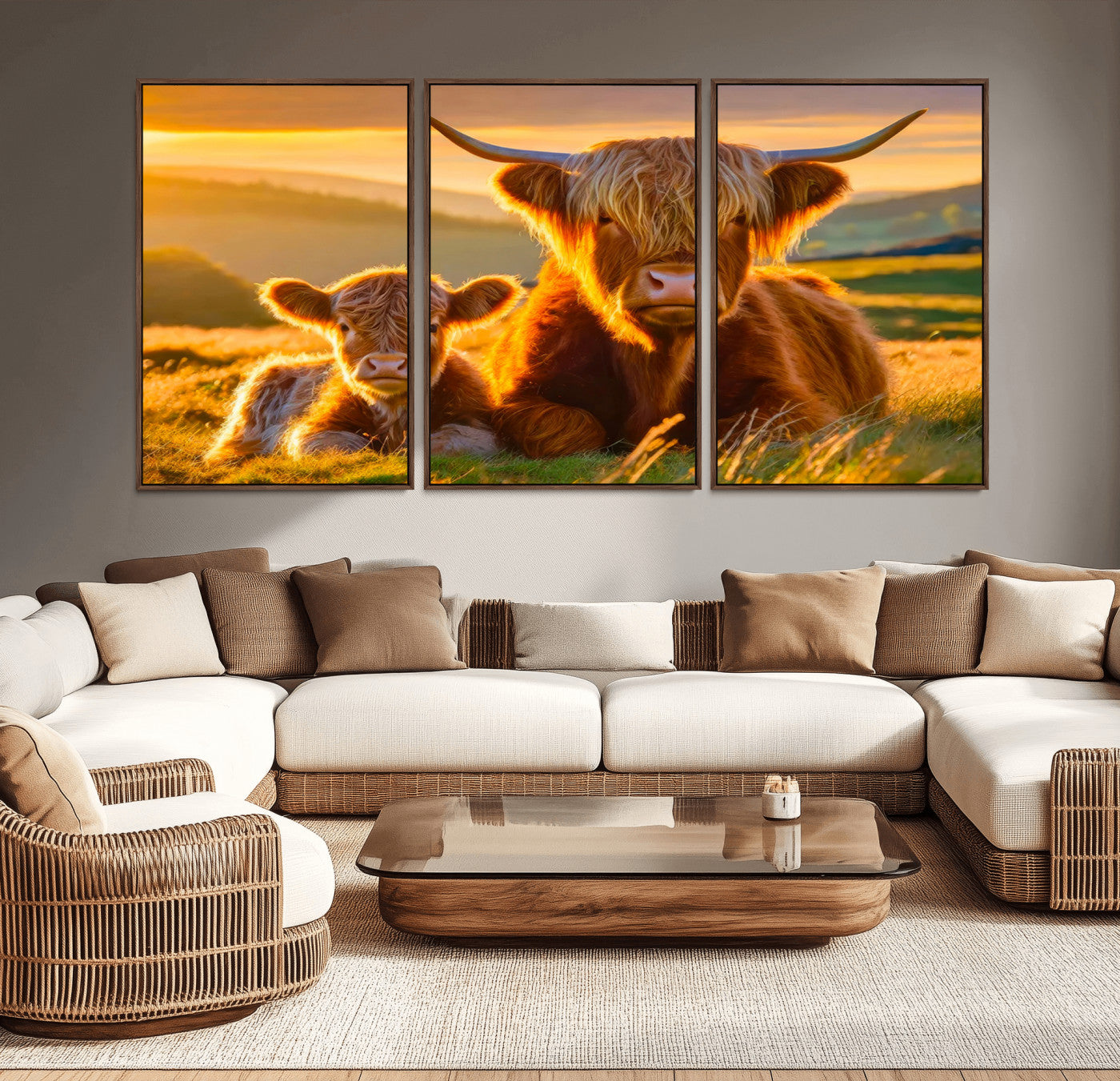 20567-MGV-CV-36X24-Highland Cow and Calf Wall Art – Rustic Farmhouse Sunset Cattle Canvas Print, Country Animal Artwork for Living Room, Bedroom, or