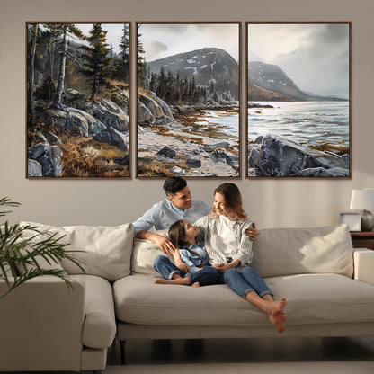 41281-MGV-FC-60X30-3P_Walnut-Rocky Shoreline Wall Art – Panoramic Mountain Coast and Forest Canvas Print, Rustic Nature Landscape Decor for Cabin, Lodge, or