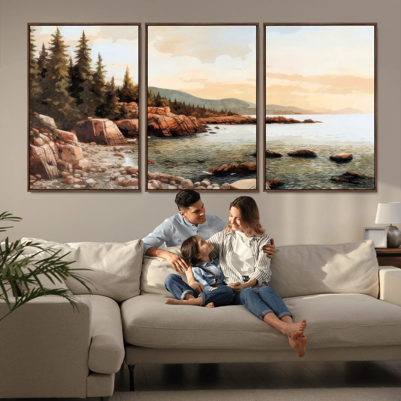 77145-MGV-FC-60X30-3P_Walnut-Coastal Landscape Wall Art – Panoramic Rocky Shoreline and Pine Trees Canvas Print, Rustic Nature Decor for Cabin, Lodge, Office,