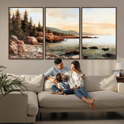 77145-MGV-FC-60X30-3P_Walnut-Coastal Landscape Wall Art – Panoramic Rocky Shoreline and Pine Trees Canvas Print, Rustic Nature Decor for Cabin, Lodge, Office,