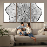 98709-MGV-FC-60X30-3P_Walnut-Tree Ring Wall Art – Black and White Canvas Print Rustic Wood Cross Section, Minimal Nature Inspired Decor for Living Room,
