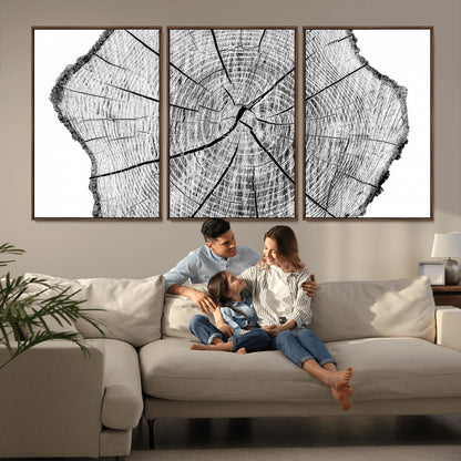 98709-MGV-FC-60X30-3P_Walnut-Tree Ring Wall Art – Black and White Canvas Print Rustic Wood Cross Section, Minimal Nature Inspired Decor for Living Room,