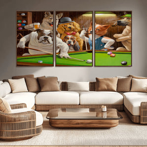 34228-MGV-CV-36X24-Dogs Playing Pool Wall Art Canvas Print, Framed Funny Dog Art Picture Print, Dog Perfect Game Room Decor Artwork