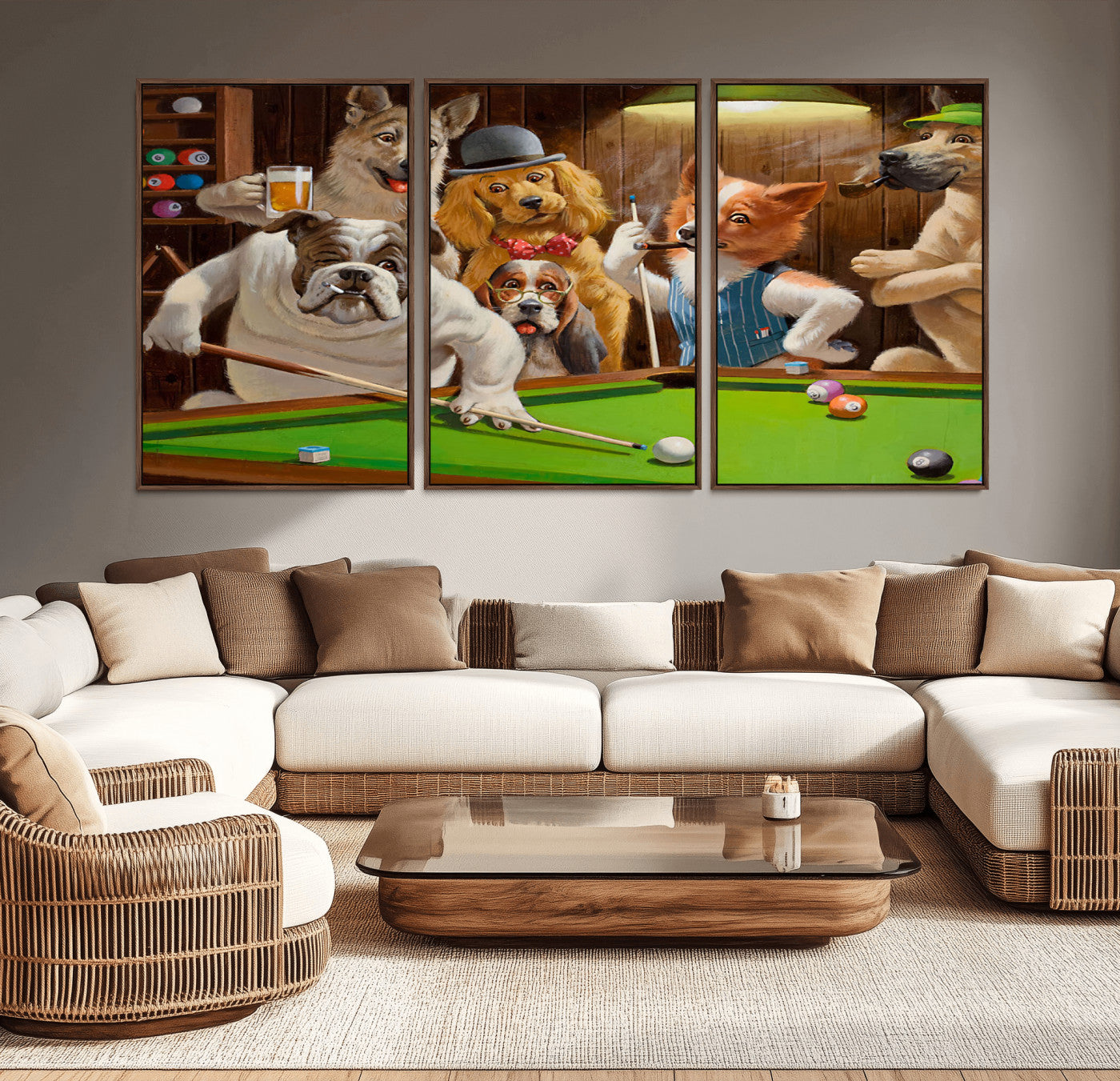 34228-MGV-CV-36X24-Dogs Playing Pool Wall Art Canvas Print, Framed Funny Dog Art Picture Print, Dog Perfect Game Room Decor Artwork