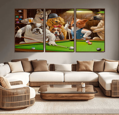 34228-MGV-CV-36X24-Dogs Playing Pool Wall Art Canvas Print, Framed Funny Dog Art Picture Print, Dog Perfect Game Room Decor Artwork