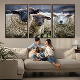 18418-MGV-FC-60X30-3P_Walnut-Sheep Wall Art Canvas Print, Framed Farmhouse Sheep Art Picture Print, Sheep Herd Perfect Rustic Farmhouse Decor Artwork