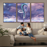 66864-MGV-FC-60X30-3P_Walnut-Fantasy Dragon Wall Art – Mystical Canvas Print Girl and Sky Serpent Dreamlike Clouds, Magical Anime Inspired Decor for Living