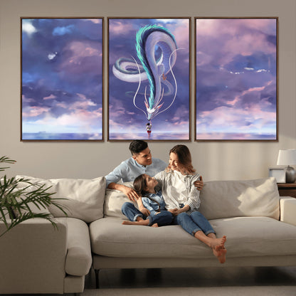 66864-MGV-FC-60X30-3P_Walnut-Fantasy Dragon Wall Art – Mystical Canvas Print Girl and Sky Serpent Dreamlike Clouds, Magical Anime Inspired Decor for Living