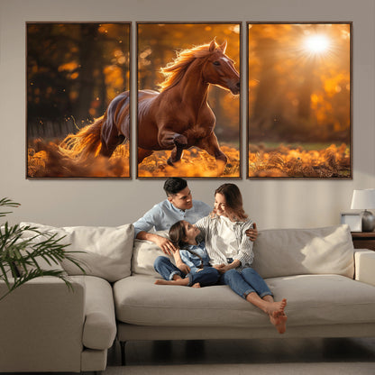 92144-MGV-FC-60X30-3P_Walnut-Sunset Horse Wall Art Canvas Print, Framed Horse Barn Art Picture Print, Majestic Horse Perfect Rustic Farmhouse Decor Artwork