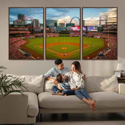 91908-MGV-FC-60X30-3P_Walnut-Baseball Stadium Wall Art – Canvas Print Game Day Field City Skyline Iconic Arch Scene Sports Photography, Decor for Game Room,