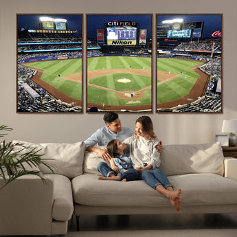 87666-MGV-FC-60X30-3P_Walnut-City Field Stadium Wall Art Canvas Print, Framed New York Stadium Art Picture Print, Citi Field Stadium Perfect Sport Room Decor