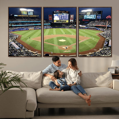 87666-MGV-FC-60X30-3P_Walnut-City Field Stadium Wall Art Canvas Print, Framed New York Stadium Art Picture Print, Citi Field Stadium Perfect Sport Room Decor