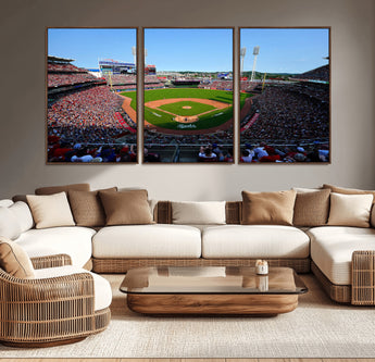 90998-MGV-CV-36X24-Baseball Stadium Wall Art – Canvas Print Day Game Field Packed Crowd Bright Blue Sky Sports Photography, Classic Decor for Game