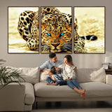45281-MGV-FC-60X30-3P_Walnut-Blue Eye Leopard Wall Art Canvas Print, Framed Leopard Painting Art Picture Print, Big Cat Perfect Safari Wildlife Decor Artwork