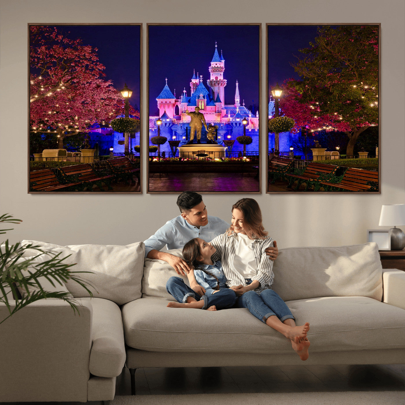 79435-MGV-FC-60X30-3P_Walnut-Disney Castle Wall Art Canvas Print, Framed Magic Kingdom Art Picture Print, Disney World Perfect Child Room Decor Artwork