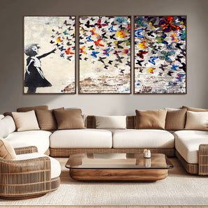 97895-MGV-CV-36X24-Girl with Butterflies Wall Art – Colorful Street Art Style Canvas Print, Modern Graffiti-Inspired Butterfly Artwork for Living