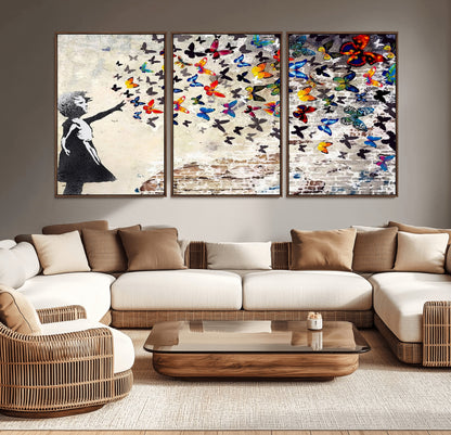 97895-MGV-CV-36X24-Girl with Butterflies Wall Art – Colorful Street Art Style Canvas Print, Modern Graffiti-Inspired Butterfly Artwork for Living
