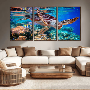88200-MGV-CV-36X24-Sea Turtle Wall Art – Vibrant Ocean Canvas Print with Tropical Coral Reef and Colorful Fish, Coastal Marine Life Artwork for