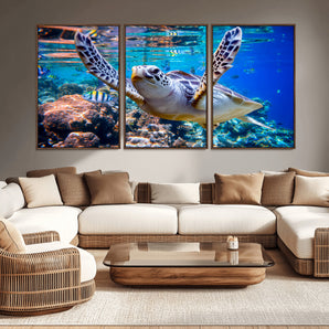 12683-MGV-CV-36X24-Sea Turtle Wall Art – Graceful Ocean Canvas Print with Coral Reef and Tropical Fish, Coastal Marine Life Decor for Beach House,