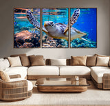 12683-MGV-CV-36X24-Sea Turtle Wall Art – Graceful Ocean Canvas Print with Coral Reef and Tropical Fish, Coastal Marine Life Decor for Beach House,
