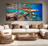 66614-MGV-CV-36X24-Sea Turtle Wall Art – Hawksbill Turtle Swimming Over Coral Reef Canvas Print, Ocean Marine Life Decor for Beach House, Coastal