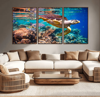 66614-MGV-CV-36X24-Sea Turtle Wall Art – Hawksbill Turtle Swimming Over Coral Reef Canvas Print, Ocean Marine Life Decor for Beach House, Coastal