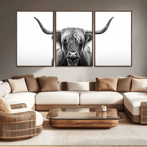 49556-MGV-CV-36X24-Highland Cow Wall Art – Black and White Scottish Highland Cattle Print, Rustic Farmhouse Minimalist Animal Portrait Canvas for