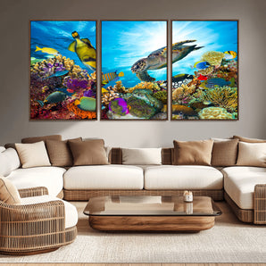 44772-MGV-CV-36X24-Underwater Sea Turtle Wall Art – Vibrant Coral Reef and Tropical Fish Canvas Print, Ocean Marine Life Decor for Living Room,