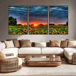 45045-MGV-CV-36X24-Sunflower Field Sunset Wall Art – Dramatic Stormy Sky Landscape Print, Vibrant Yellow Floral Nature Canvas for Living Room,
