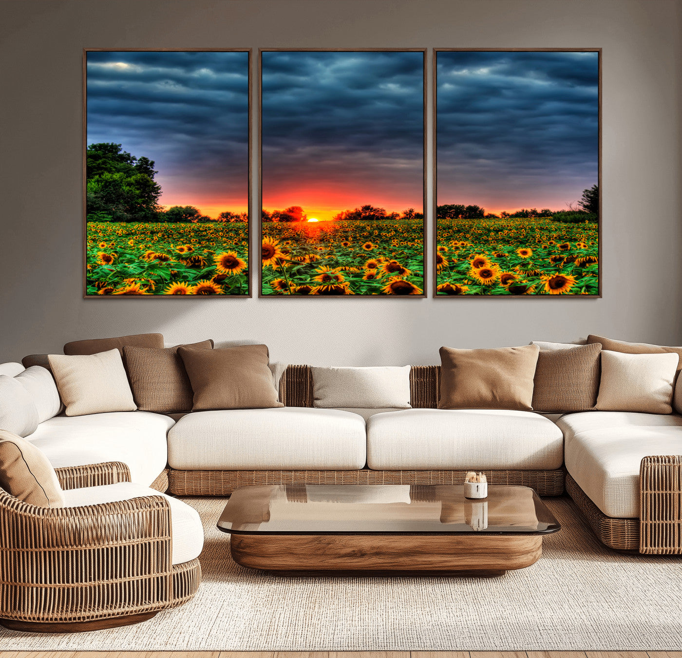 45045-MGV-CV-36X24-Sunflower Field Sunset Wall Art – Dramatic Stormy Sky Landscape Print, Vibrant Yellow Floral Nature Canvas for Living Room,